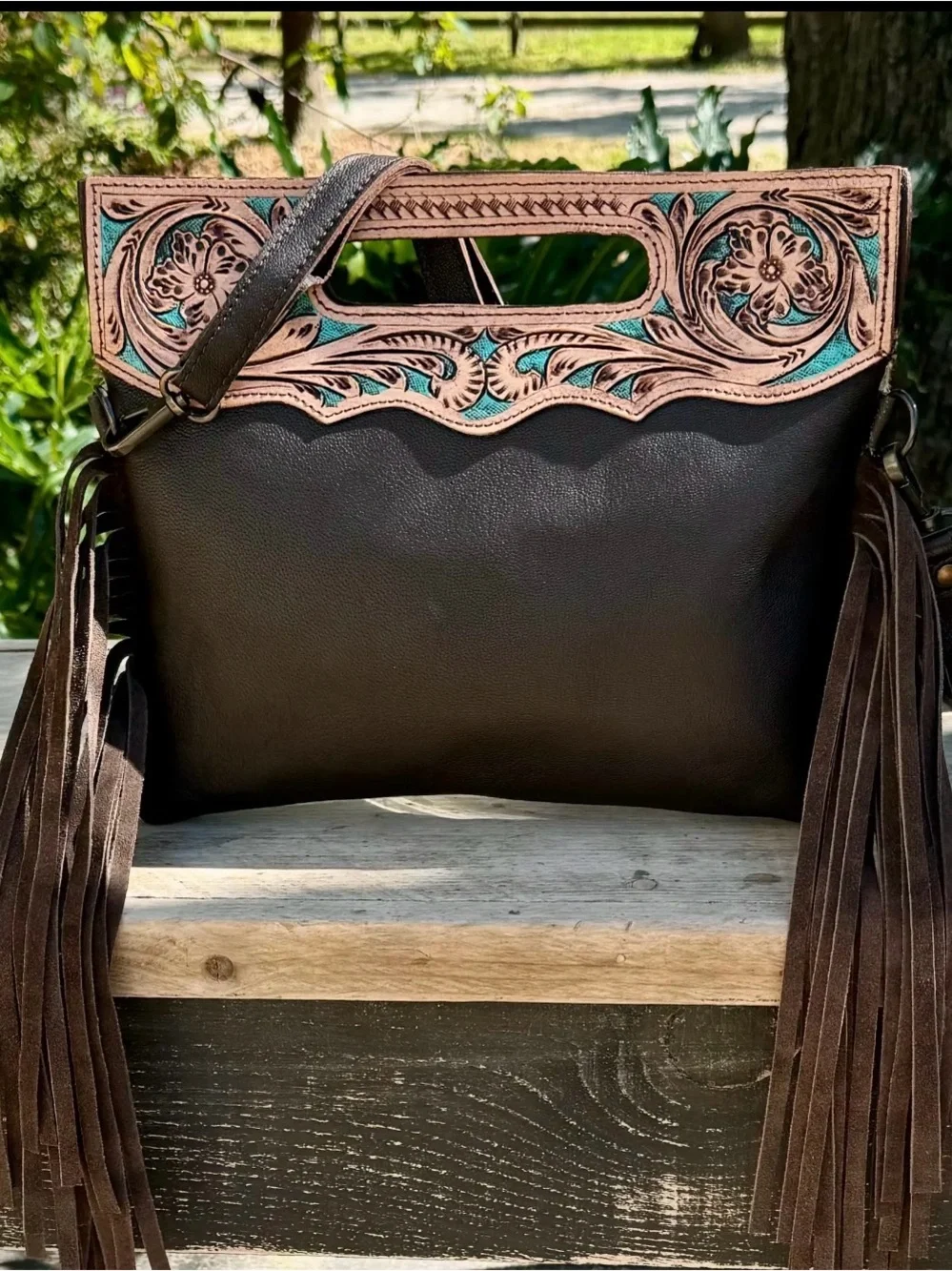 Up cycled Turquoise Speckled Cowhide Fringe Handbag. Custom made piece